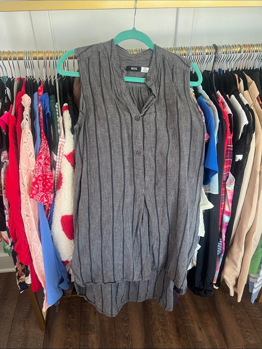 BDG Gray Vertical-Stripe Sleeveless Button Tunic